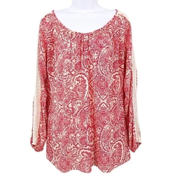 Chelsea & Theodore Women's Peasant Top S Red Paisley Print Crochet Long Sleeve - Picture 1 of 11